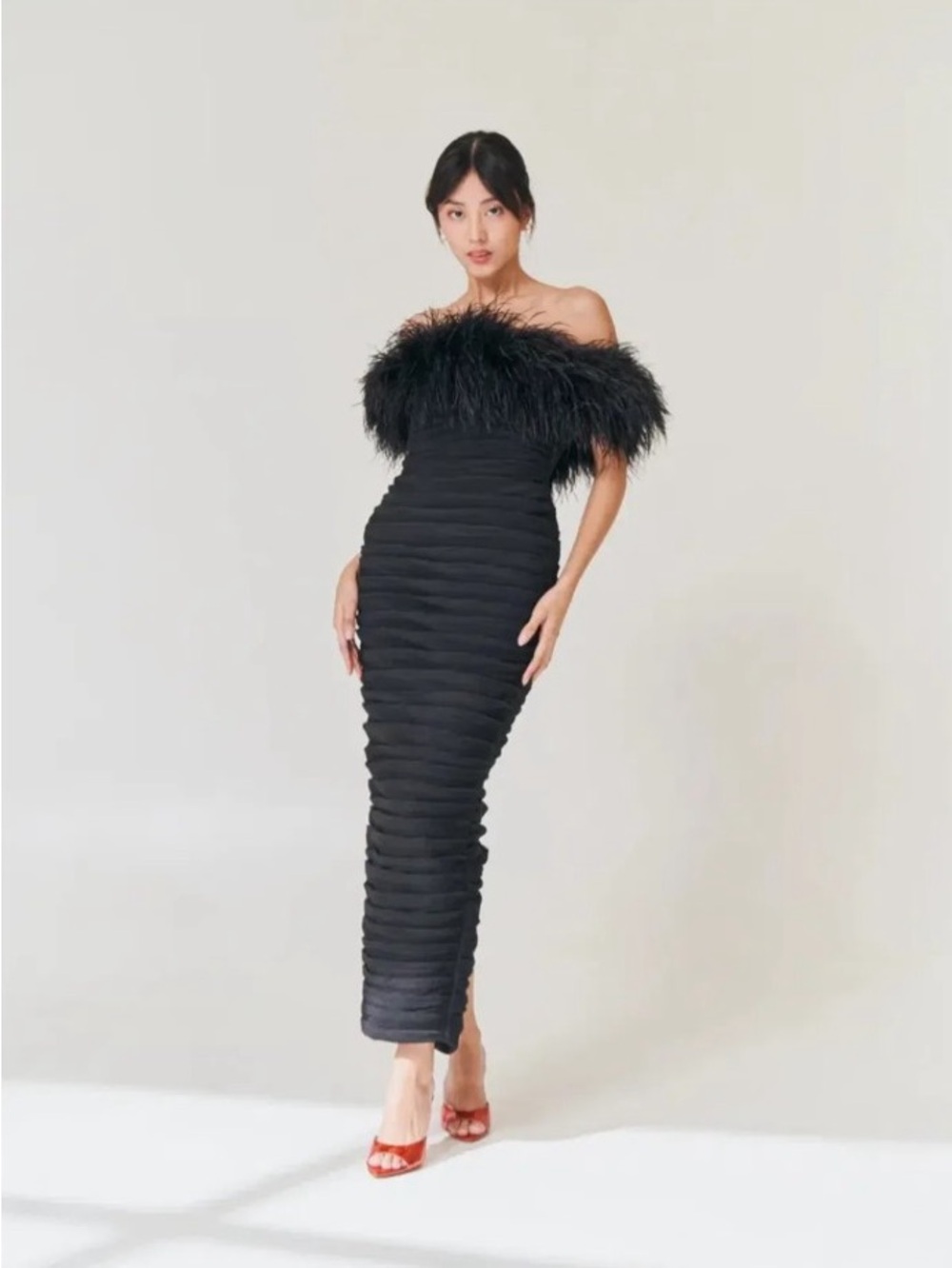 Rachel Gilbert Black Zion Strapless Ostrich Feather Midi Column Dress AU16/US12